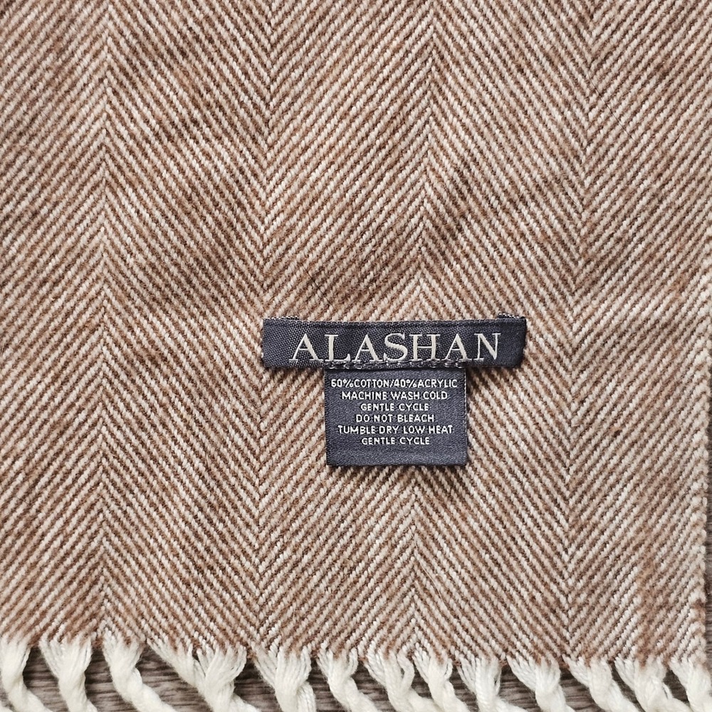 Alashan Herringbone Throw Blanket Tan White Monogram B Fringe 51x64 Cotton Blend